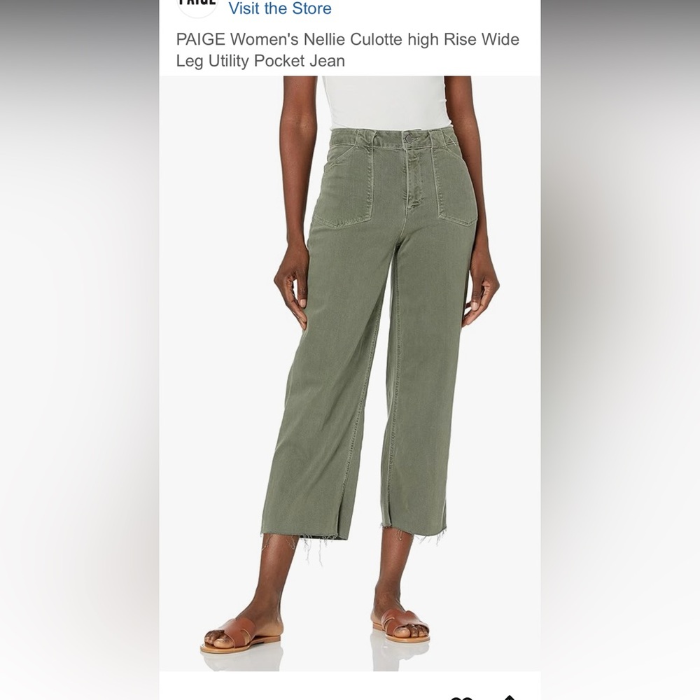 PAIGE Nellie jeans sage cropped wide leg culottes raw hem olive  30 high rise